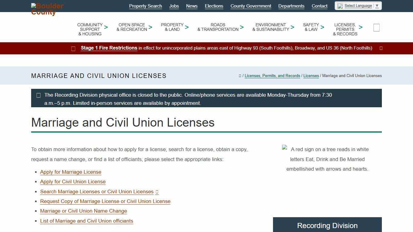 Marriage and Civil Union Licenses - Boulder County