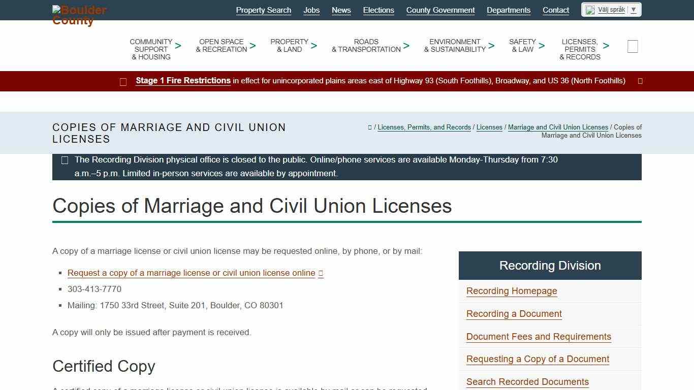 Copies of Marriage and Civil Union Licenses - Boulder County